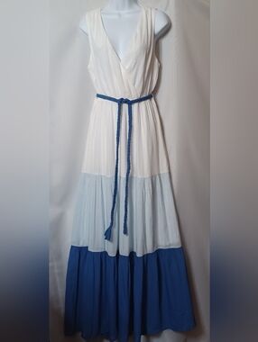 Flying Tomato Cream Sleeveless V-Neck Tiered Maxi Dress with Blue Braided Belt